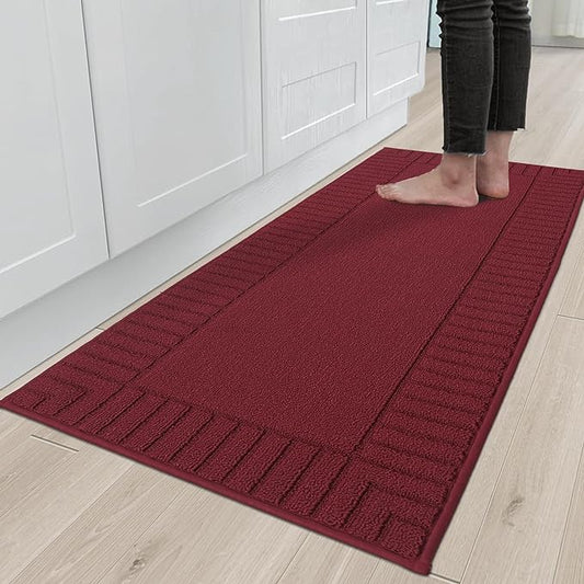 BEQHAUSE-Kitchen-Rugs-and-Mats Non Skid Washable Kitchen Mats for Floor Red Kitchen Rug Polypropylene Kitchen Mat with TPR Backing 24”x60”
