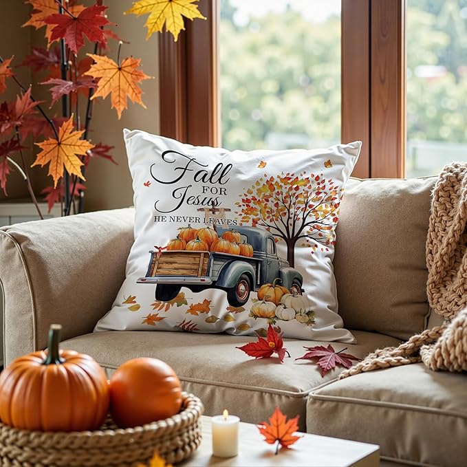 Christian Fall for Jesus He Never Leaves Pillow Covers 18x18, Farmhouse Autumn Decor, Fall Autumn Maple Leaf Pumpkin Pickup Truck Decorative Throw Pillow Covers for Home Bedroom Living Room