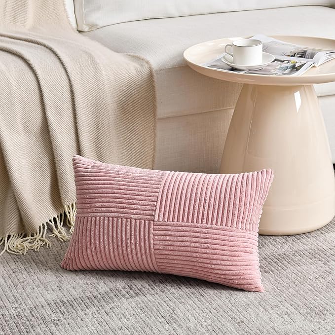 Fancy Homi 4 Packs Blush Pink Lumbar Decorative Throw Pillow Covers 12x20 Inch for Living Room Couch Bed, Rustic Farmhouse Boho Home Decor, Soft Striped Corduroy Rectangle Accent Cushion Case 30x50 cm