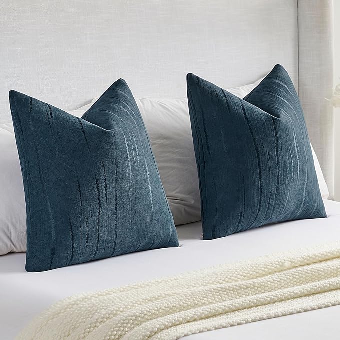 FUTEI Navy Blue Chenille Decorative Throw Pillow Covers 16x16 Inch Set of 2,Soft Embossed Striped Textured Cushion Case,Modern Home Decor for Couch Bed Living Room