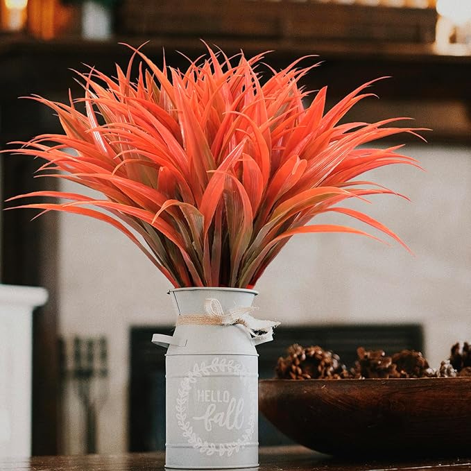 8 pcs Fall Artificial Flowers for Decoration, Fake Artificial Tall Grass Plants for Outdoors, Orange Faux Tropical Greenery Autumn Front Porch Patio Garden Outside Plastic Shrubs Bushes