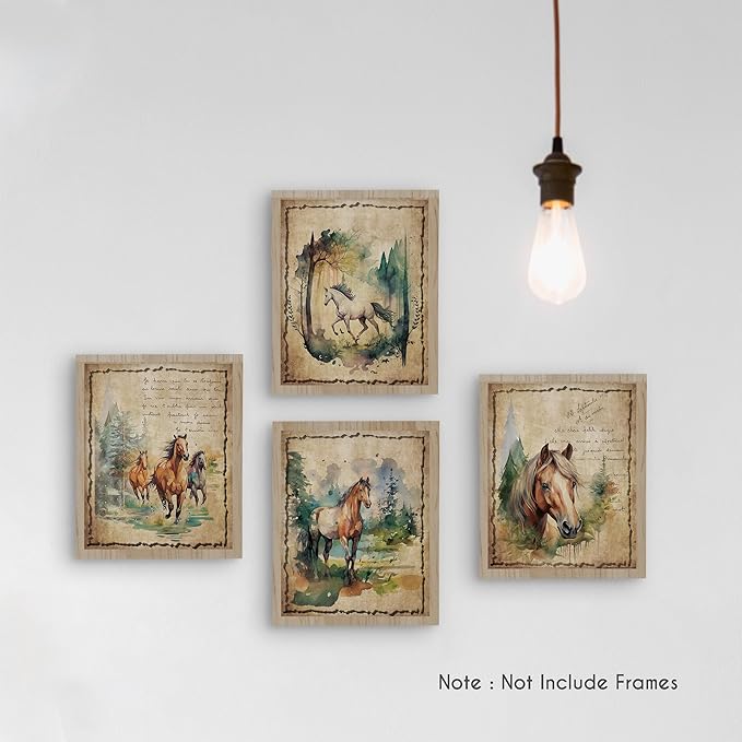 HRQKO Vintage Retro Horse Wall Art Poster Prints Set of 4, Watercolor Wildlife Animals Horse Pictures Printing Posters Wall Decor, Colorful Woodland Prints for Bathroom Living Room 8”x10” Unframed