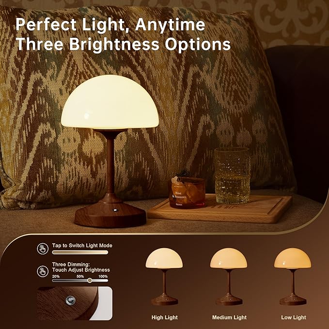 Mushroom Lamp Table Lamp Waterproof,Desk Cordless Battery Operated Lamps for Bedroom,Outdoor Cordless Rechargeable Table Lamps for Night Stands,5000mAh LED Night Light for Living Room(Walnut)