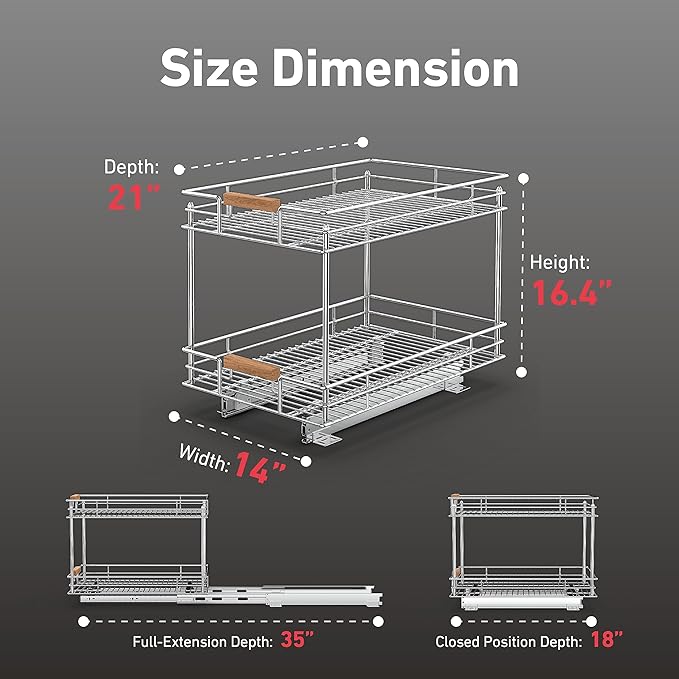 Pull Out Cabinet Organizer(14" W x 21" D), 2 Tier Slide Out Shelves with Wood Handle, Sliding Drawer Pull Storage Shelf for 15-1/4” Cabinet Opening, Chrome