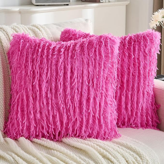 FUTEI Hot Pink Decorative Throw Pillow Covers 18x18 Inch Set of 2,Soft Fluffy Faux Feather Texture Cushion Cases,Modern Home Luxury Decor for Couch Bed Living Room