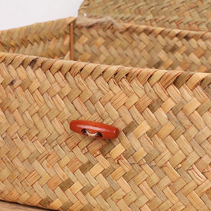 Wicker Shelf Baskets with Lid,Handwoven Seagrass Basket for Storage Basket Bins Rectangular Home Organizer Gift Boxes (Natural Large)