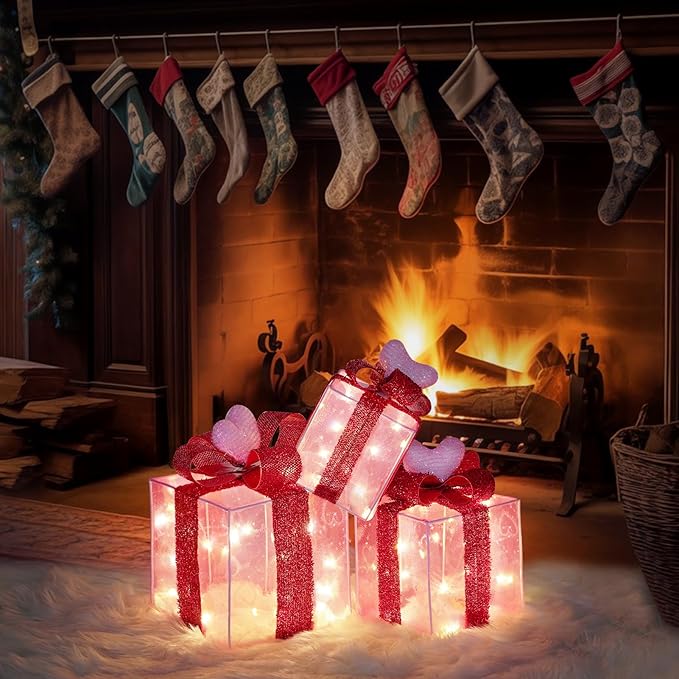 Pink Decorations Lighted Gift Boxes with Pink Cloth, Pre-lit Lights Gift Boxes Set of 3, Light up Present Boxes Set Battery Operated with Different Sizes for Holiday Indoor Decorations