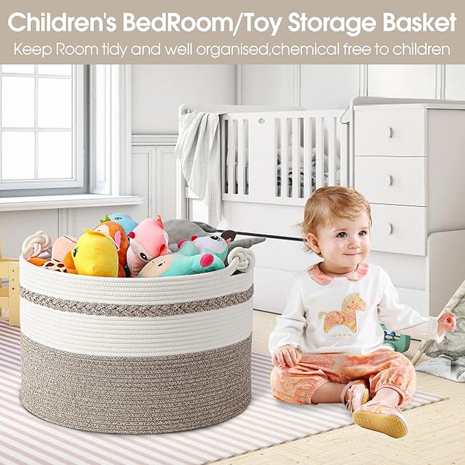 Large Blanket Basket,20''x13'' Storage Basket for Living Room;Toy storage for Organizing,Baby Hamper,Kids Organizer,Woven rope basket;Nursery Storage Bin,White+Dark Brown