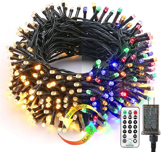 Brizled Christmas Tree Lights, 115ft 300 LED Color Changing Christmas Lights with Remote, 11 Modes Warm White & Multicolor Christmas String Lights Connectable 24V Xmas Lights Green Wire for Xmas Home