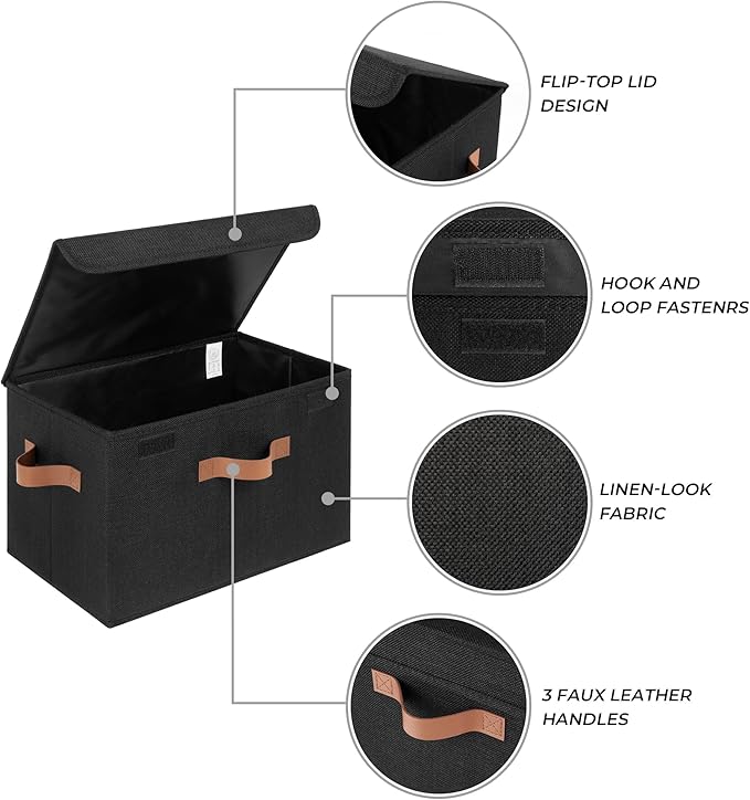 GRANNY SAYS Storage Bins with Lids, Decorative Storage Boxes with PU Handles, Black Storage Bin, Linen Closet Organizer, Shelf Baskets, Fabric Storage Bins for Clothes