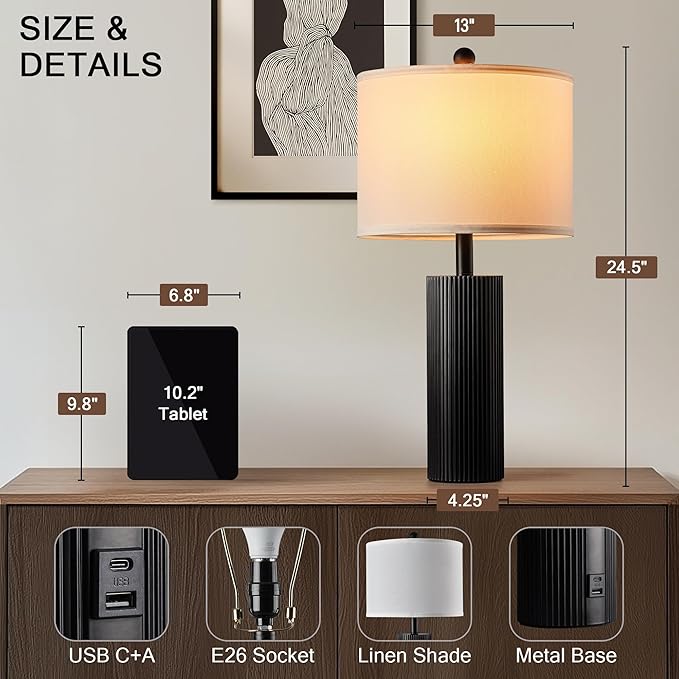 24.5" Black Lamps Set of 2, Modern Table Lamps for Living Room with USB C+A Ports, Creative Stripe Touch Lamps for Nightstand, 2 Bulbs Included