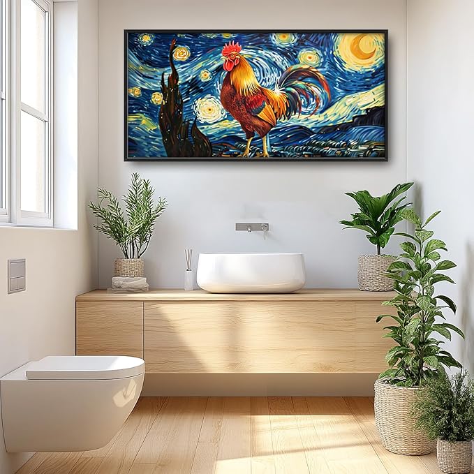 Flintis Large Rooster Wall Art Starry Sky Night Chicken Pictures Wall Decor Abstract Animal Canvas Painting Print Artwork Decoration Framed for Living Room Bathroom Master Bedroom Office 60L x 30W