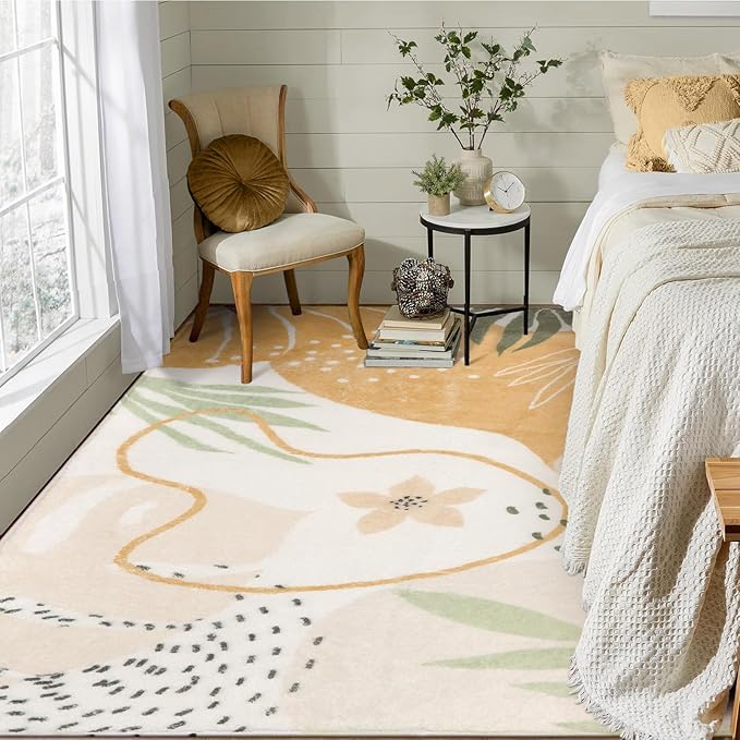 Lahome Non-Slip Rug for Living Room - 4x6 Washable Lightweight Large Area Rug Boho Throw Soft Carpet for Bedroom, Taupe Botanical Print Indoor Rugs for Kids Nursery Kitchen Entryway Dining Room