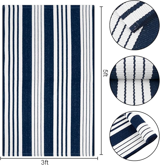 OJIA Blue and White Outdoor Rug 3’x5‘ Cotton Woven Fall Striped Front Porch Rug Machine Washable Indoor Outdoor Rugs Farmhouse Entry Rug Layered Door Mat for Entryway/Kitchen/Laundry/Living Room