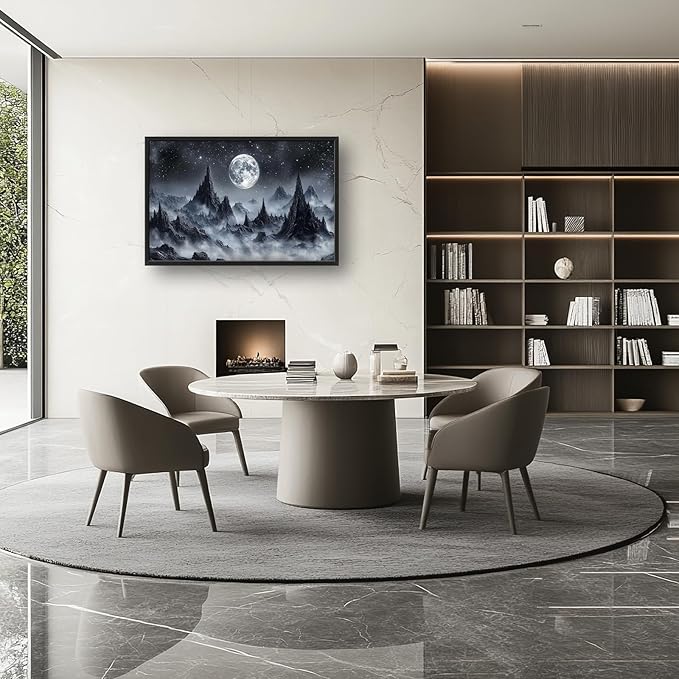 Olivine Mountain Large Wall Art, Moon Pictures Wall Decor, Nature Landscape Paintings, Night Mountains Canvas Prints, Framed Artwork for Dining Room Bedroom Living Room Office Bathroom Home 36"x24"