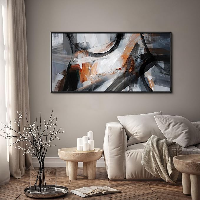 KLAKLA Wall Art for Living Room - Black and Orange Boho Abstract Canvas Framed Wall Decor Office Bedroom Art Modern Large Picture Artwork for Walls Prints Paintings Artwork 48x24 Inches