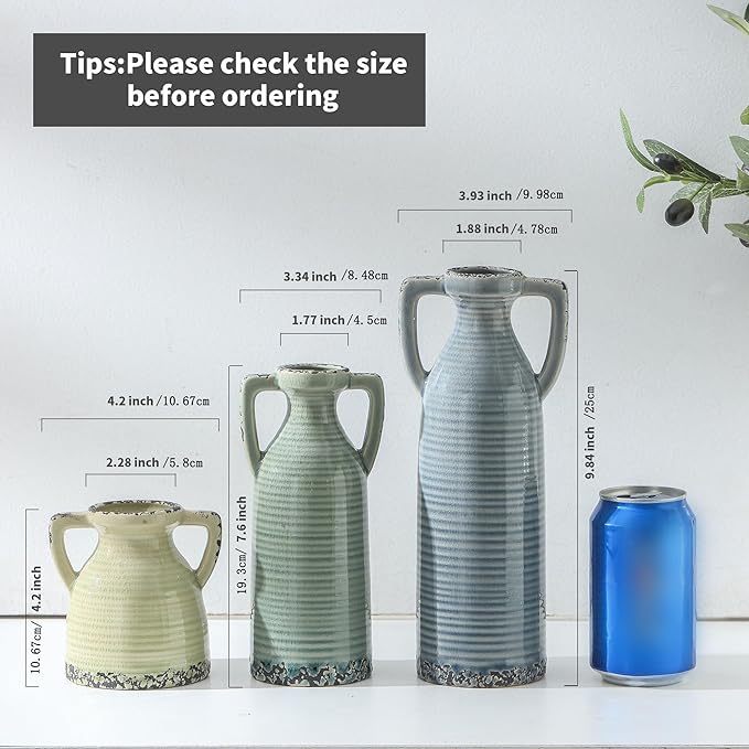 Ceramic Vase Set of 3 with Handles - Farmhouse Vase Set for Modern Decoration, Rustic Crackle Round Vases for Home Decor, Dining Table, Living Room, Kitchen, Office, Shelf - Multicolor