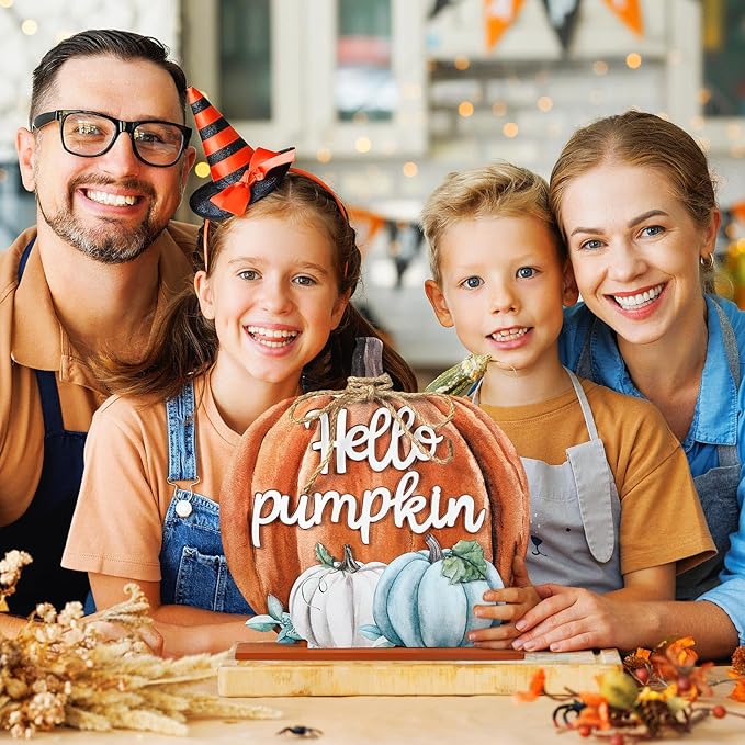 Soaoo Fall Decoration Wooden Fall Hello Pumpkin Sign Autumn Pumpkin Table Decor 11 Inch Wooden Autumn Desktop Ornament for Farmhouse Home Living Room Harvest Day Thanksgiving Decor(Orange,Warm)