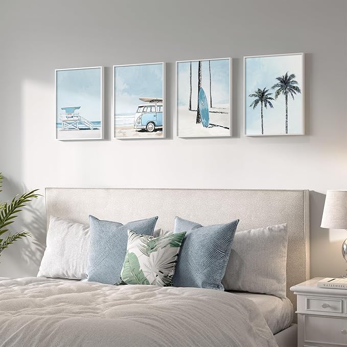 Framed Blue Coastal Beach Wall Art for Room Decor, 4 Piece Beach Ocean Bathroom Canvas Pictures Prints, Palm Tree Surfboard Coastal Summer Artwork for Living Room Bedroom Office Walls Decor, 11x14 In