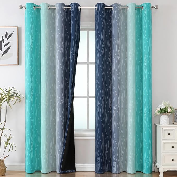 Estelar Textiler Navy Blue and Teal Ombre Blackout Curtains 90 Inches Long 2 Panels for Living Room, Thermal Insulated Drapes for Bedroom, Full Room Darkening Grommet Curtains for Sliding Door,52Wx90L