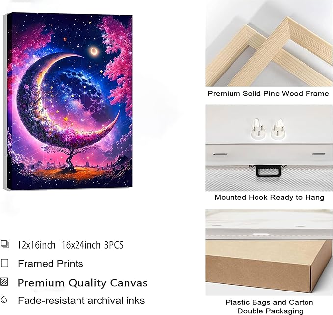 3PCS Tree of Life Wall Art Moon Canvas Poster Romantic Starry Night Pictures Fantasy Forest Paintings Tree Life Prints Visual Modern Abstract Wall Decor for Living Room Bedroom Framed