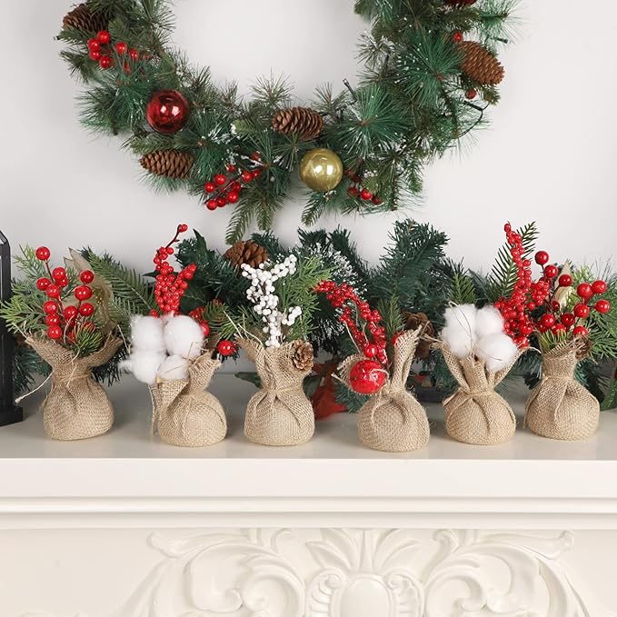 winemana 6 Pcs Mini Christmas Tree Table Decorations, 8" Small Artificial Trees with Red Berries Pine Cone Greenery Tabletop Centerpiece for Home Office Room Holiday Decorations
