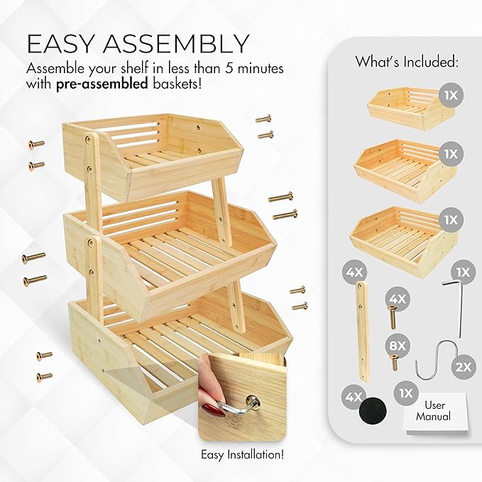 3-Tier Bamboo Fruit Basket – Transforms To 2-Tier | 2 Banana Hooks Included – 14" W x 12.5" L x 19" H – Fruit Holder for Kitchen Countertop - Fruits & Vegetable Storage – Large Capacity Shelf