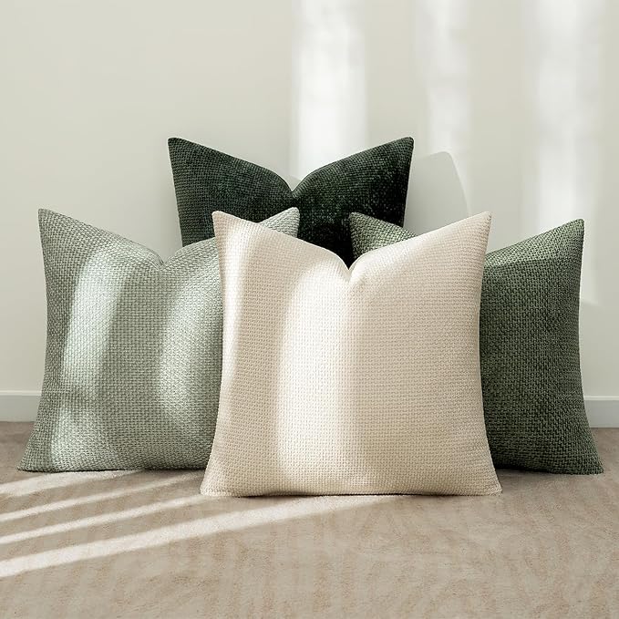 MIULEE Pack of 4 Couch Throw Pillow Covers 18x18 Inch Neutral Green Soft Decorative Chenille Pillow Covers Farmhouse Accent Cushion Covers for Boho Home Decor Spring Sofa Bedroom Living Room