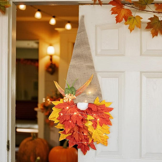 Fall Wreaths Gnome Door Hanging Garland with Maple Leaves LED String Lights, Artificial Maple Leaves Wreath for Autumn Harvest Thanksgiving Decoration Home Indoor Outdoor A