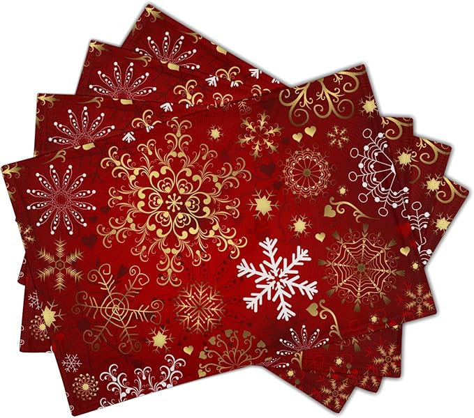 Red Snowflake Placemats 12×18 Inches Set of 4 Holiday Indoor Kitchen Dining Table Place Mats for Home Party Decoration