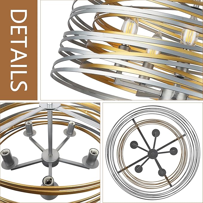 19.7'' Double Round Metal Chandelier, 5-Light Modern Farmhouse Dining Room Lights Over Table, Gold Chandelier for Hallway Kitchen Island Entryway Stairwell, Silver with Gold Interior