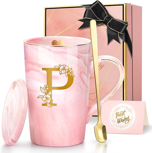 Coffee Mugs - Birthday Gifts for Women, Personalized Initial Customized Mug Tea Cup with Lid 14 Oz Pink, Spoon Greeting Card, Luxury Gift-Boxed Christmas Gift for Her Wife Mom Grandma Friend Unique,P