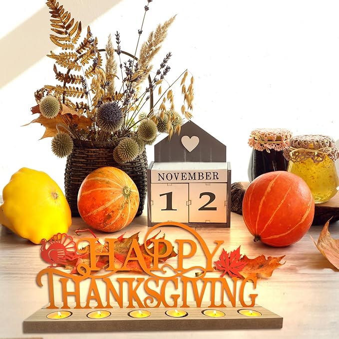 Happy Thanksgiving Metal Sign Rustic Table Decorations with Wooden Base, Tiered Tray Decor with 18pcs Tealights, Table Centerpieces Metal Word Sign for Fall Party Home Indoor Office Tabletop Mantel