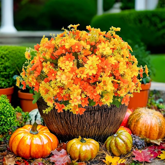 Uieke 12 Bundles Artificial Flowers for Outdoors UV Resistant Fake Daisy Mums Flowers Bulk No Fade Greenery Shrubs for Outside Home Wedding Window Box Garden Porch Fall Décor (Orange Yellow)