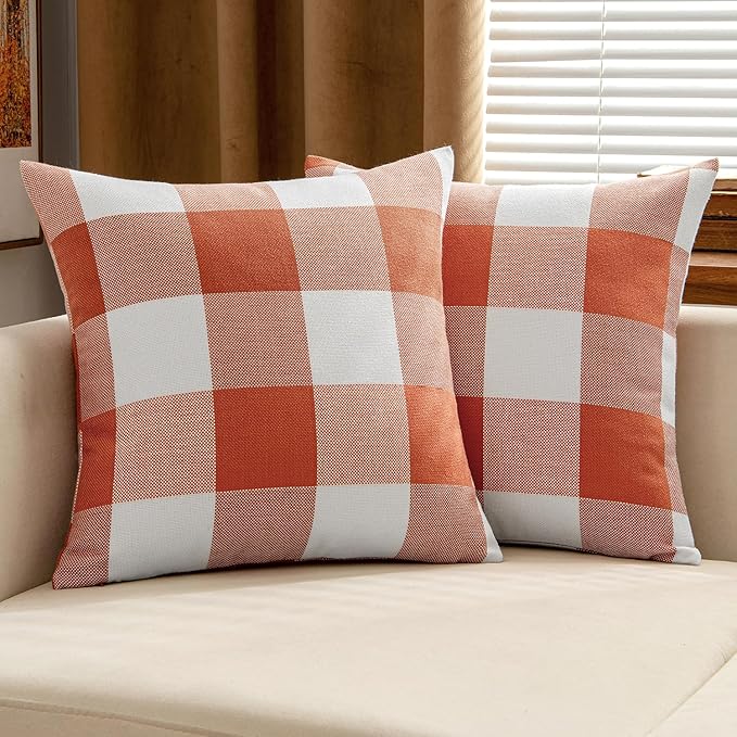 MIULEE Fall Throw Pillow Covers Pack of 2 Decorative Classic Farmhouse Buffalo Check Plaids Polyester Linen Soft Cushion Case for Couch Sofa Bedroom Outdoor 20 x 20 Inch, Burnt Orange