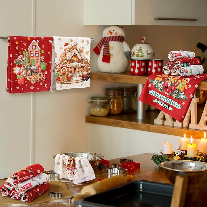 12 Pcs Christmas Kitchen Towels and Dishcloths Absorbent Christmas Tree Reindeer Truck Hand Dish Towels Decoration for Xmas Home Gift Supplies, 14.2 x 21.3 Inch(Classic Style)