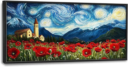 Starry Night Framed Wall Art for Living Room, Large Poppies Canvas Wall Decor, Vintage Red Flowers Pictures Painting, Modern Artwork for Bathroom Bedroom 60L'' × 30W''