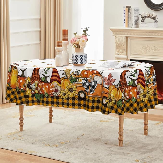 Horaldaily Fall Tablecloth 60×84 Inch Oval, Thanksgiving Autumn Harvest Orange Truck Gnome Pumpkin Buffalo Plaid Table Cover for Party Picnic Dinner Decor