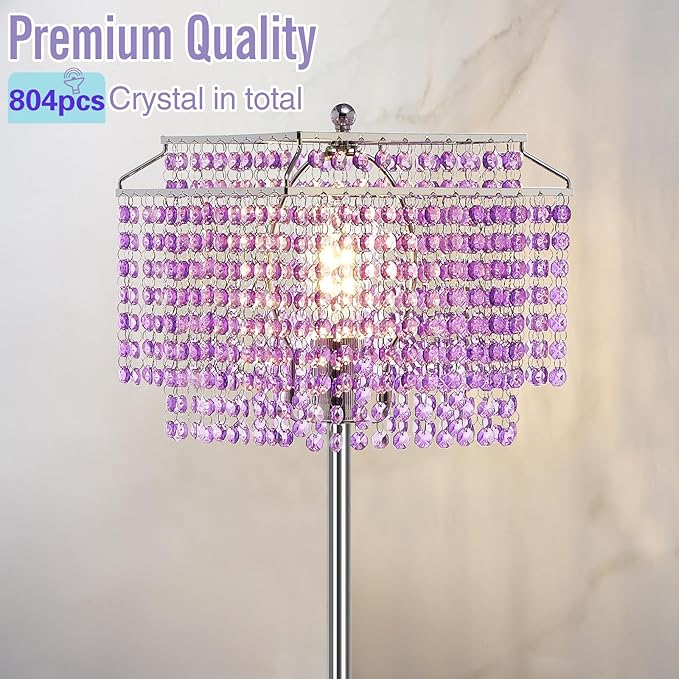 Crystal Floor Lamp Purple, 64" Tall Standing Lamps with Double-Layer Lampshade, Elegant Floor Lamp with On/Off Foot Switch, Standing Lamps for Living Room, Bedroom, Dresser, Office, Bulb Included