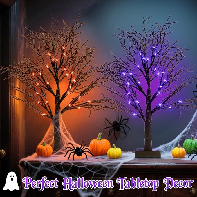 PEIDUO Halloween Decorations Indoor, Black Halloween Tree with 24 Dual-Color Orange & Purple Lights, Light Up Halloween Trees with Timer for Indoor Home Tabletop Desk Decor (2PK)