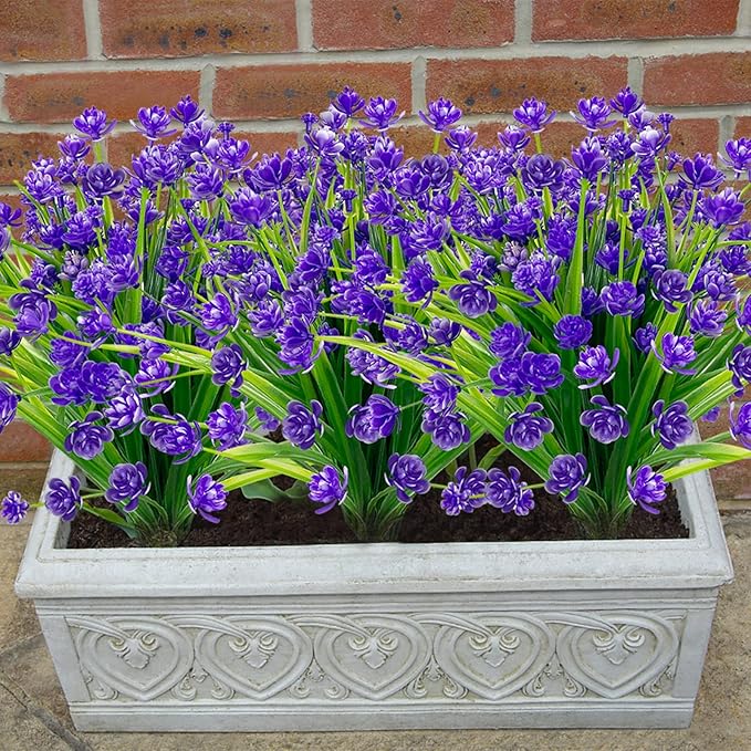 12 Bundles Artificial Flowers for Outdoors Summer Decor, Realistic UV Resistant Fake Plants Faux Plastic Flowers for Outside Planter Home Gardens Patio Porch Yards Spring Cemetery Decor(Purple)