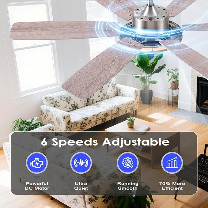 Ceiling Fans with Lights and Remote/APP Control, 52 Inch Flush Mount Ceiling Fan,11in 30W LED Ceiling Light, 3CCT, Quiet DC Motor Ceiling Fans for bedroom,Kitchen Brushed Nickel