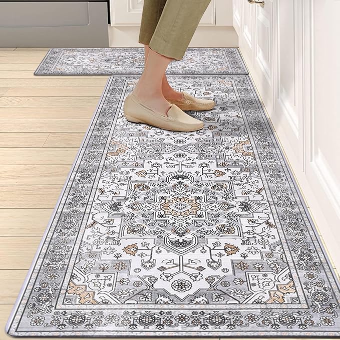HEBE Anti Fatigue Kitchen Rug Sets 2 Piece Non Slip Kitchen Mats for Floor Cushioned Kitchen Rugs and Mats Waterproof Comfort Standing Mat Runner for Kitchen,Home Office,Sink,Laundry