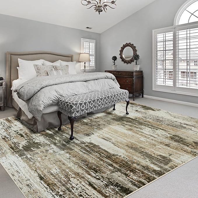 Area Rugs 9x12 Living Room: Large Machine Washable Area Rug with Non Slip Backing Non Shedding Abstract Stain Resistant Carpet for Bedroom Dining Room Nursery Home Office - Beige/Brown