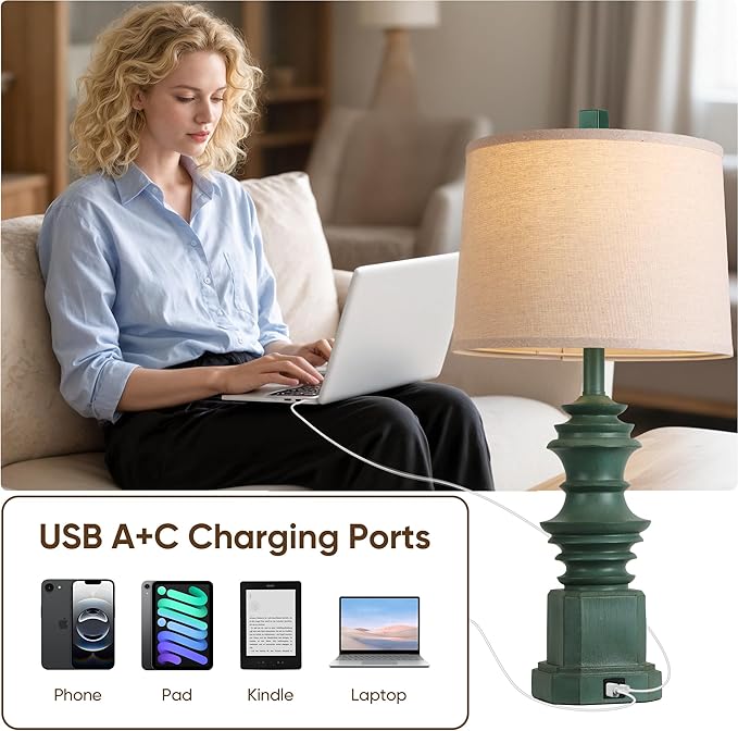 QiMH Table Lamps for Nightstand Set of 2, Bedside Lamp with USB A+C Charging Ports, Farmhouse Table Lamp with Linen Lampshade, Lamps for Living Room, Bedroom Lamps with LED Bulbs, Green