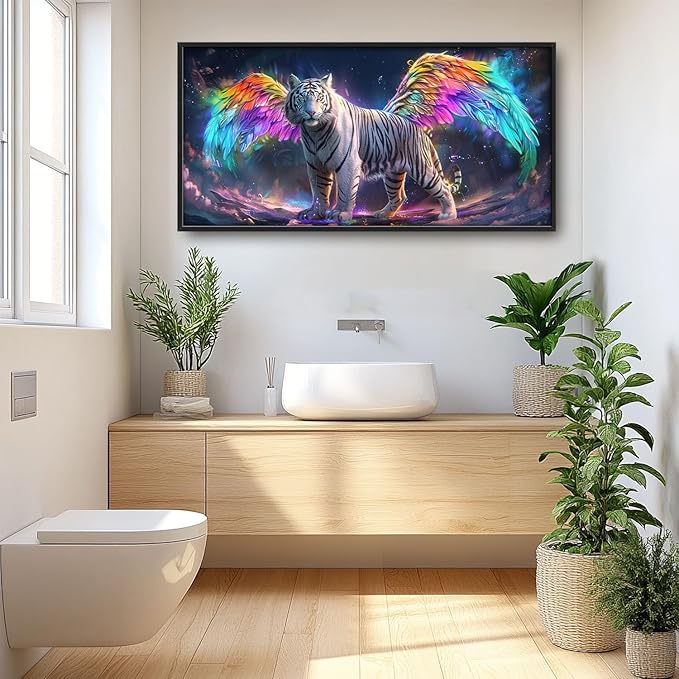 Flintis Large Tiger Wall Art White Tiger Angel Wings Pictures Wall Decor Abstract Animal Canvas Painting Print Artwork Decoration Framed for Living Room Bathroom Master Bedroom Office 60L x 30W