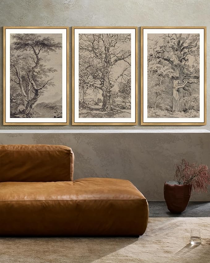 KUVIOKE Boho Vintage Tree Wall Art Framed Neutral Retro Forest Art Prints Antique Rustic Nature Wilderness Paintings Bedroom Hallway Decor 24x36in (Natural Framed)