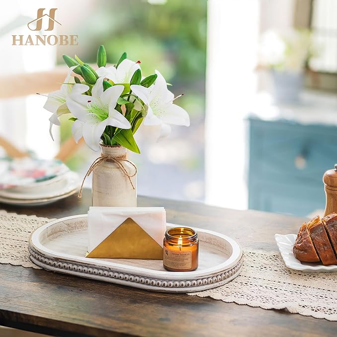 Hanobe Decorative Serving Tray Wood: White Washed Bead Oval Tray for Coffee Table Rustic Wooden Trays Decor Farmhouse Kitchen Counter Tray Vintage Centerpiece for Living Room Home Organizer