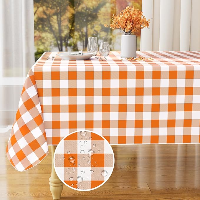 misaya Rectangle Waterproof Vinyl Table Cloth, Buffalo Flannel Backed Tablecloth, Wipeable Plastic Table Cover for Fall, Thanksgiving (54" x 54", Orange and White)