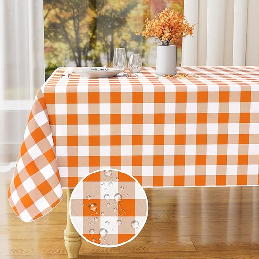 misaya Rectangle Waterproof Vinyl Table Cloth, Buffalo Flannel Backed Tablecloth, Wipeable Plastic Table Cover for Fall, Thanksgiving (52" x 70", Orange and White)